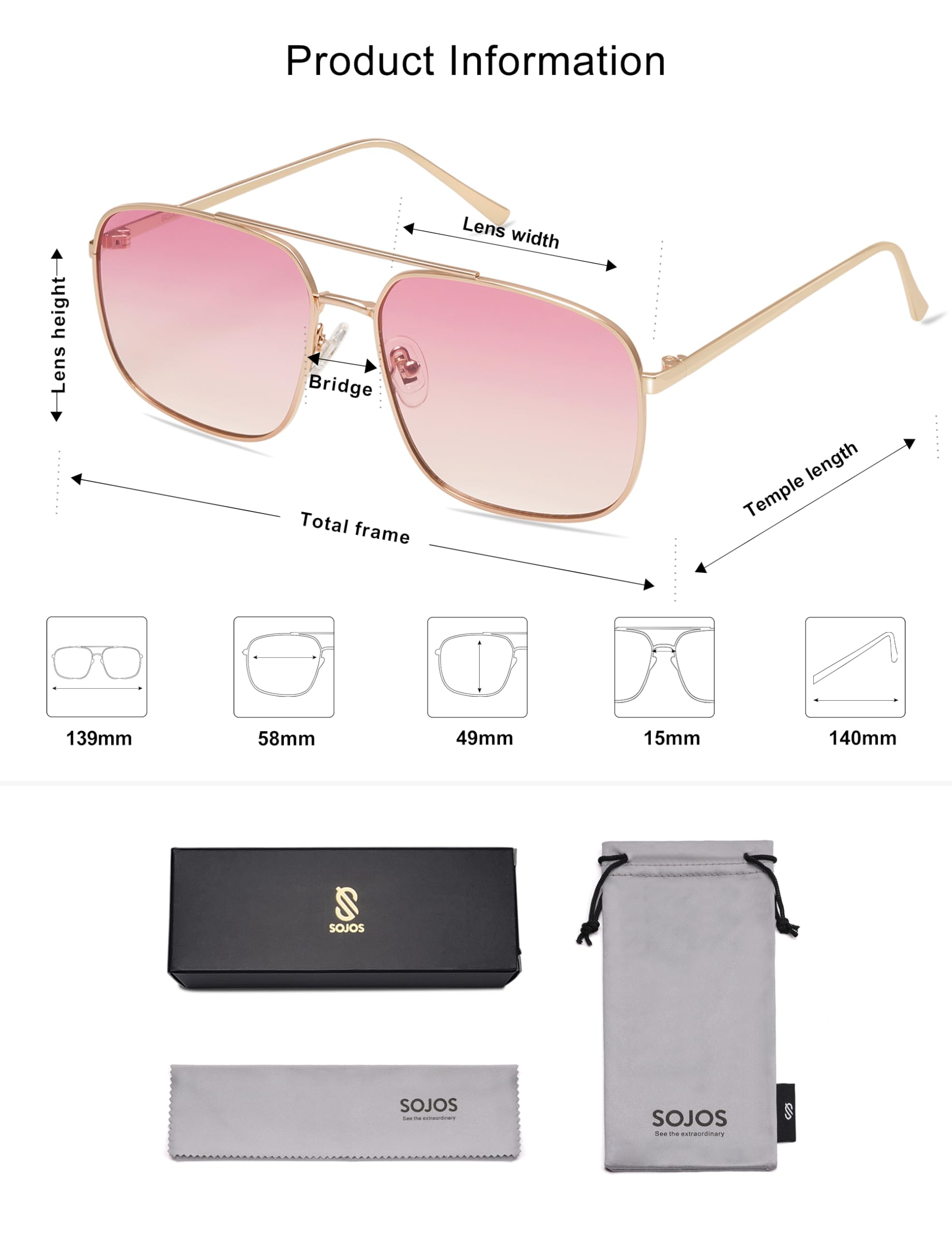 SOJOS Trendy Square Aviator Sunglasses for Women Men, Gold Frame Light Tint Gradient Shades SJ1176