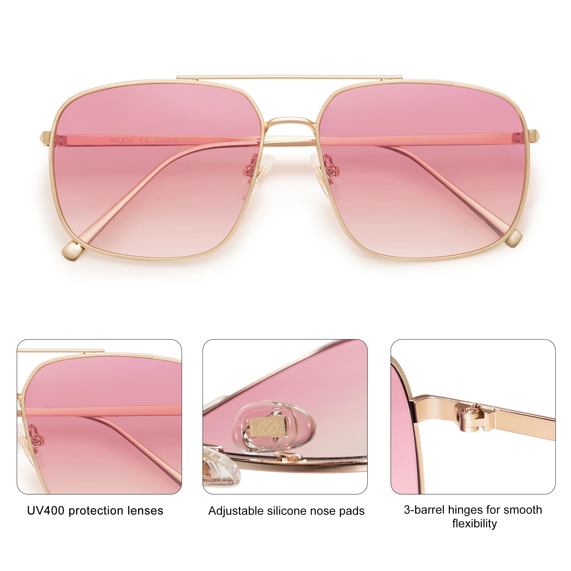 SOJOS Trendy Square Aviator Sunglasses for Women Men, Gold Frame Light Tint Gradient Shades SJ1176